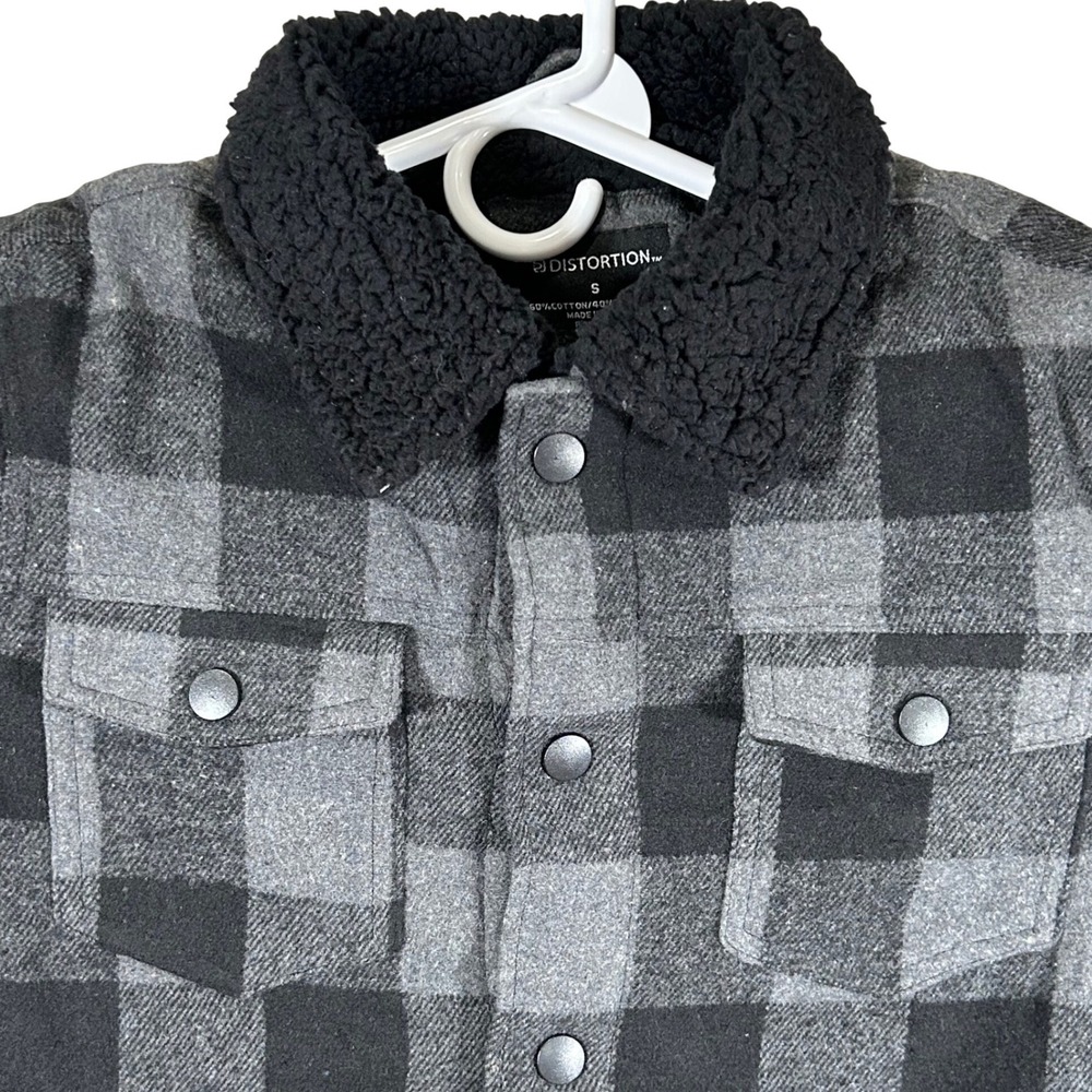 Distortion Mens Buffalo Plaid Sherpa Collar Shirt Jacket Grey Black Small New